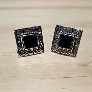 Vintage Style Square Clip-On Earrings | Silver Tone Scroll Design Black Center